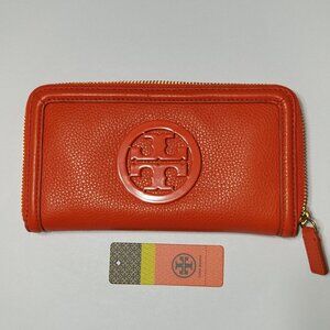 NWT Tory Burch Amanda Zip Continental Wallet Orange High-Quality Pebble Leather